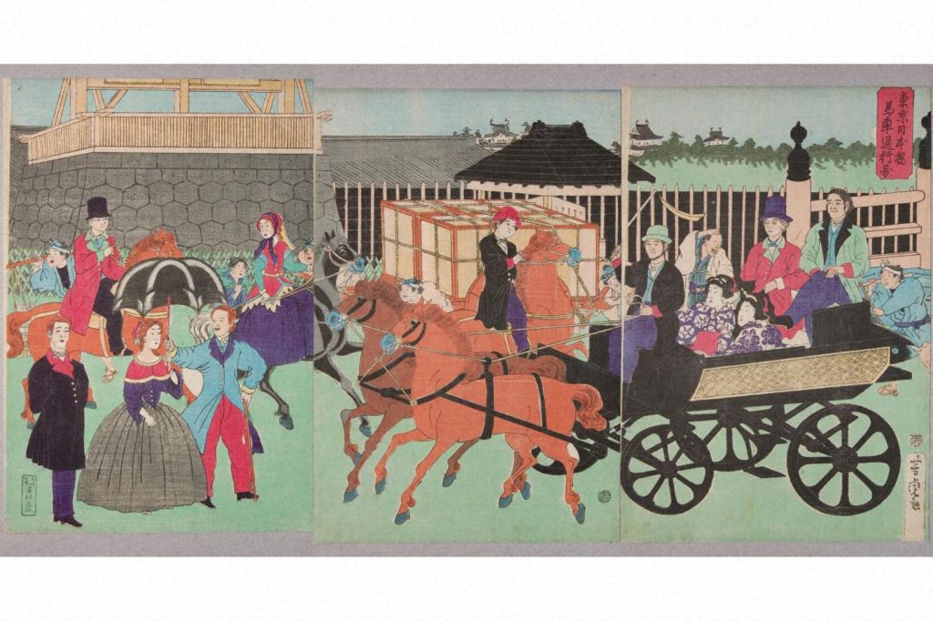 歌川芳虎「東京日本橋馬車通行図」（明治２年）の画像。